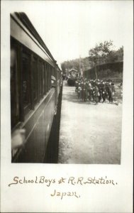 School Boys at RR Train Station in Japan - Hakone Area? Real Photo Postcard