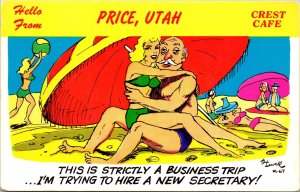Hello from Price Utah Postcard Crest Cafe comic old man secretary in bikini