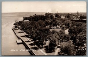 Postcard RPPC c1925 Sault Ste. Marie MI Aerial View Church Dock Soo Locks Park