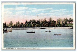 1915 View At Morton Lake Showing Dam Richmond Indiana IN, Boat Canoeing Postcard 