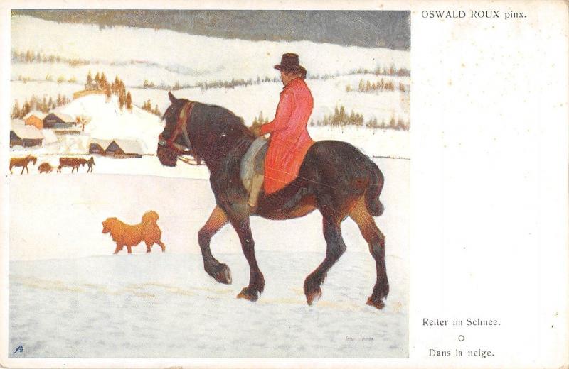 B23992 Horses Chevaux Oswald Roux Dans la Neige  painting postcard animal