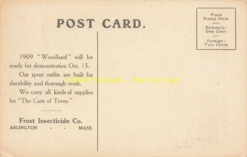 1908 Woodland Sprayer Orchard FROST INSECTICIDE Arlington MA Adv Postcard 