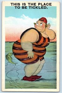 Humor Postcard Fat Woman Big Butt Fish This Is The Place To Be Tickled c1920's