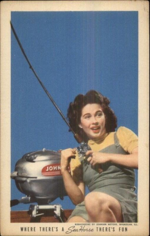 Johnson Sea Horse Boat Motors - Pretty Woman Fishing c1940 Postcard