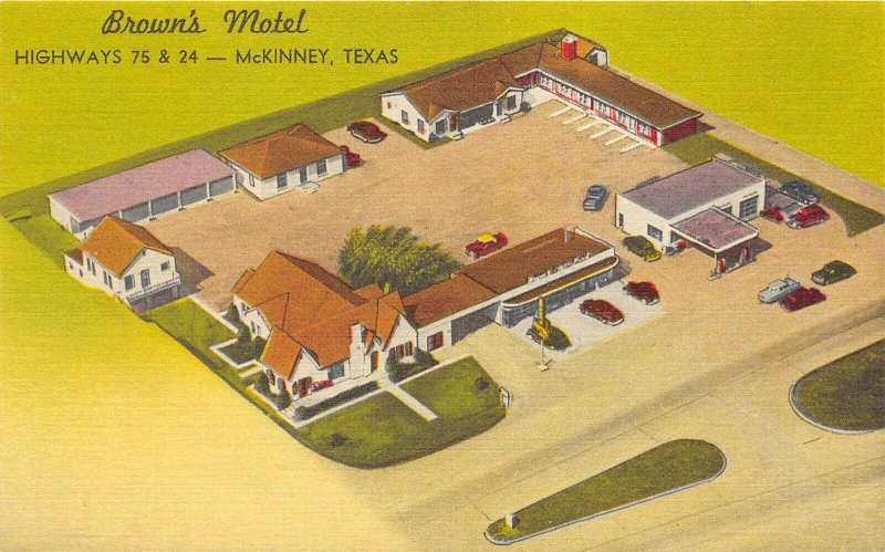 McKinney Texas 1940-50s Linen Postcard Brown's Motel Aerial View