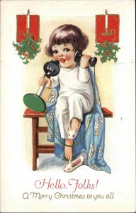 Christmas Children Girl Telephone Slippers Blanket Gilt Embossed c1900s-20s PC