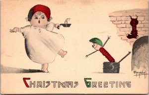 Christmas Greetings c1912, Child Frightened by Jack-in-the-Box  Toy Postcard Y49