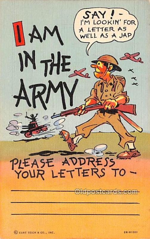 Military Comic Postcard, Old Vintage Antique Post Card I am in the Army Unused