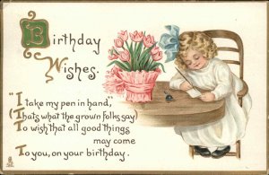 Tuck Birthday Children Ser 193 Little Girl Writing Letter c1910 Vintage Postcard