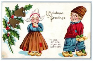 1915 Christmas Greetings Dutch Kids Gift Holly Berries Ringing Bells Postcard
