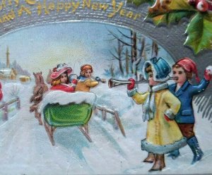 Merry Christmas Happy New Year Postcard Nash Vintage Embossed Children Sled 1911