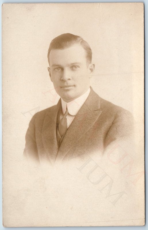 c1910s Chicago, IL Man RPPC Solo Portrait Real Photo Fair Postal Studio A258