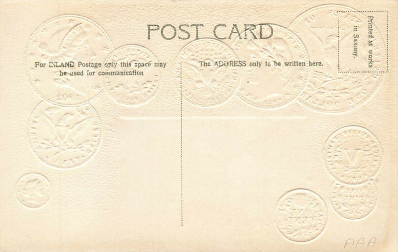 1902 U.S. Gold & Silver Coins Embossed Postcard