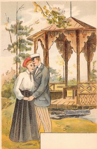 Love Romance Couple Kissing near Bandstand Forest vintage postcard C327