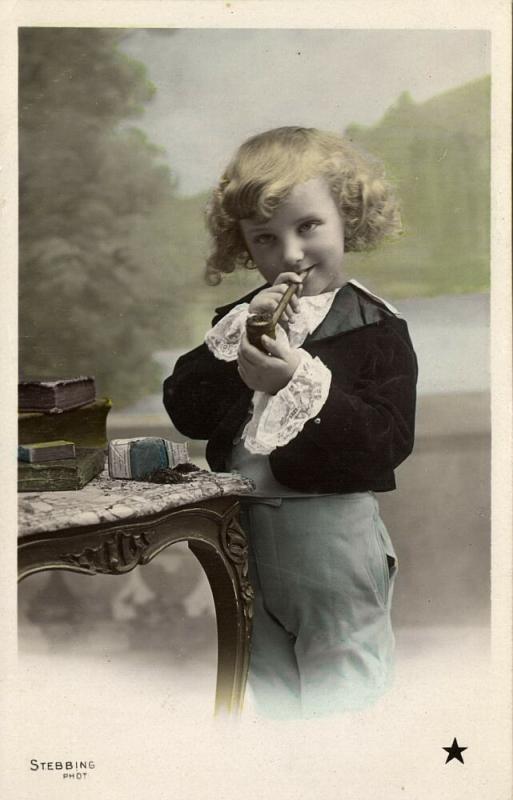 Beautiful Young Curly Girl with Smoking Tobacco Pipe (1910s) Stebbing RPPC I