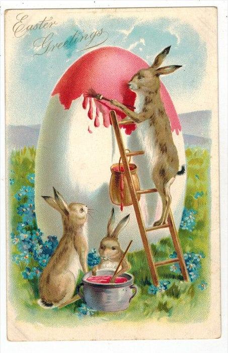 Easter Rabbits Painting Giant Egg , Tucks