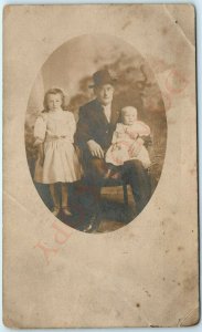 c1908 Man w/ Children RPPC Father Real Photo Postcard Cute Girl & Baby Boy A5