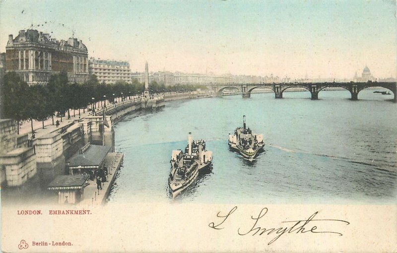 Postcard England London 1900s Thamise view embankement bridge steamboat