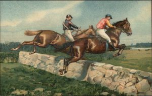 Horse Riding Jockeys - Wall Jumping c1910 Embossed Postcard xst