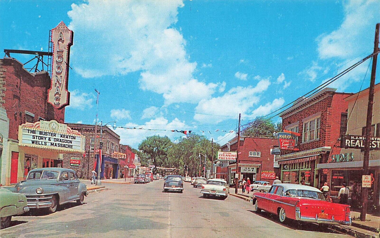 Algonac MI Street Scene Movie Marquee Storefronts Old Cars. Postcard