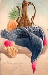 Airbrushed Thanksgiving Postcard Turkey with Drink Pitcher and Food