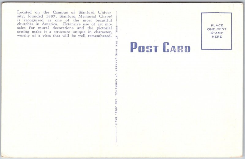 Palo Alto California CA, Memorial Church, Stanford University Building, Postcard