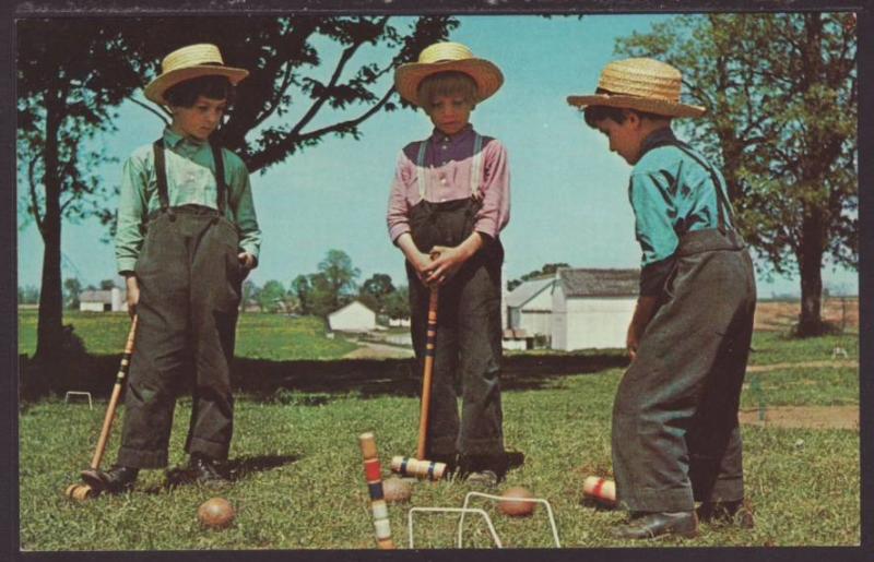 Greetings From Amish Country,Boys Playing Croquet Postcard 