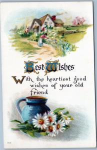 postcard Best Wishes - woman picking flowers and daisies by pitcher