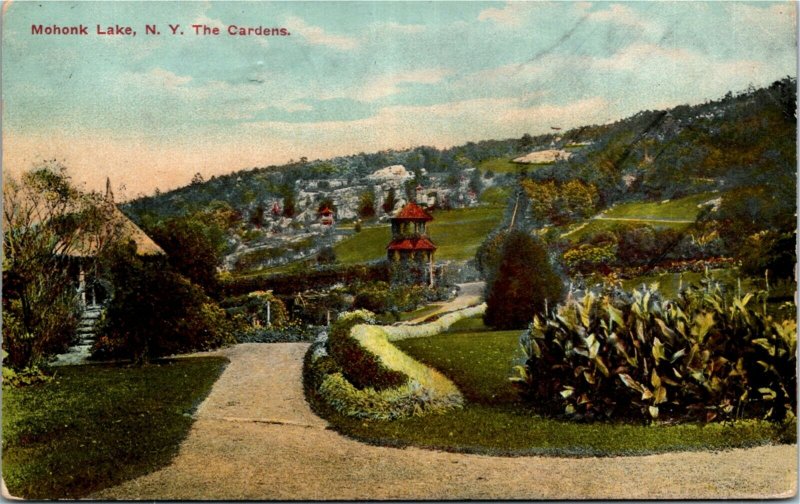 Postcard NY Mohonk Lake The Gardens Flower Beds Gazebos 1911 F33