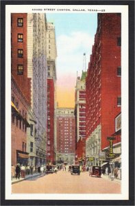 Dallas TX Akard Street Canyon 1930s Cars Linen Postcard by Kropp