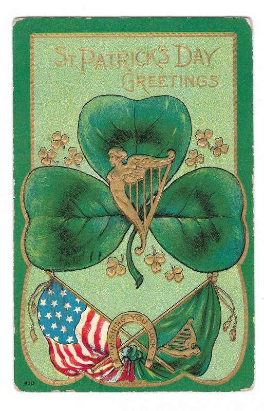 St Patricks Day Shamrock American Irish Flags Harp Embossed Gold Gilt Postcard