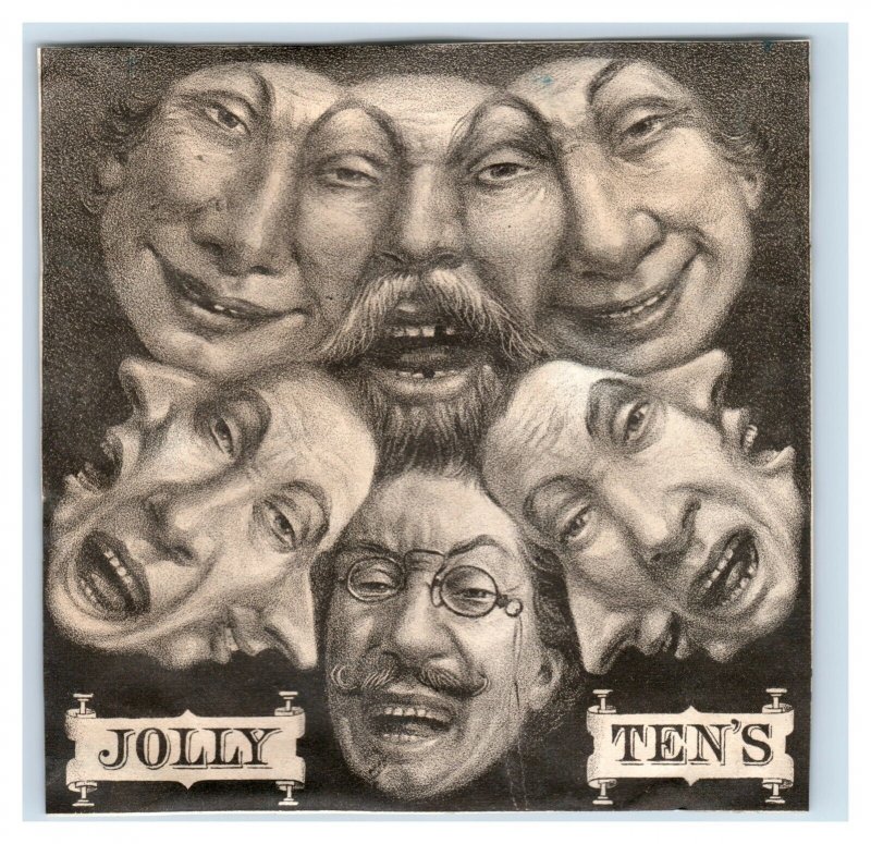 1870s-80s Jolly Ten's Surrealistic Tobacco Cigar Box Label Faces Heads &W 