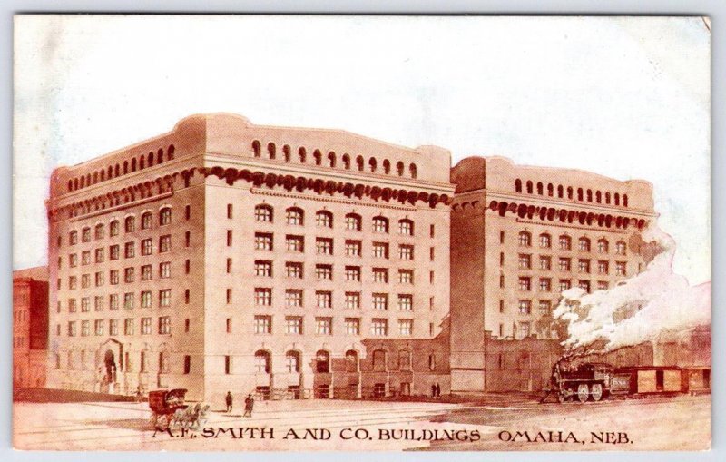 1910's M E SMITH & CO BUILDINGS OMAHA NEBRASKA NE TRAIN HORSE & BUGGY POSTCARD