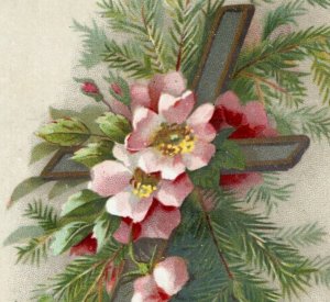 1870s-80s Victorian Easter Card Pink Flowers Cross F105