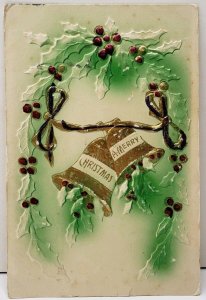 Christmas Embossed Airbrushed Holly & Bells Philadelphia 1909 Postcard E13