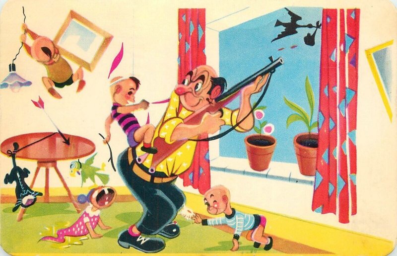 Postcard 1959 unruly children father hunting stork comic humor 23-11723