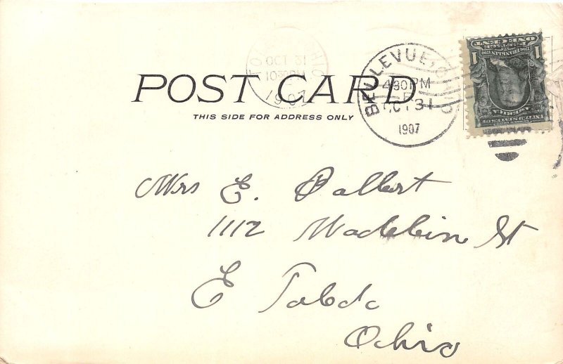 J58/ Bellevue Ohio Postcard c1910 Main Street Stores Trolley Tracks  196