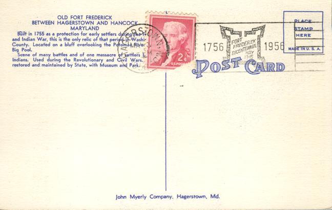 Old Fort Frederick Cachet Postmark 1956 - Old Fort Frederick MD Maryland - Linen