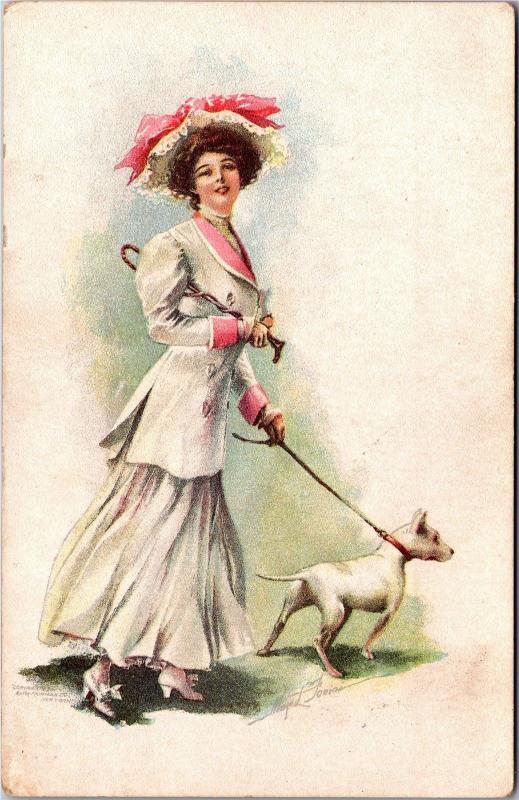 Lady Walking Dog by May L. Farini Vintage Postcard M13