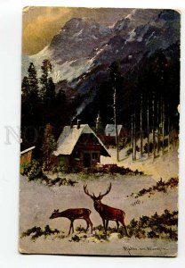 414864 Winter HUNT Deer near House by MULLER vintage #3013