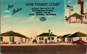 Linen Postcard Rose Tourist Court in Rock Springs, Wyoming~136466