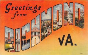 C64/ Richmond Virginia Va Postcard Linen Large Letter Greetings from Richmond