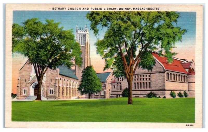 Mid-1900s Bethany Church and Public Library, Quincy, Massachusetts Postcard