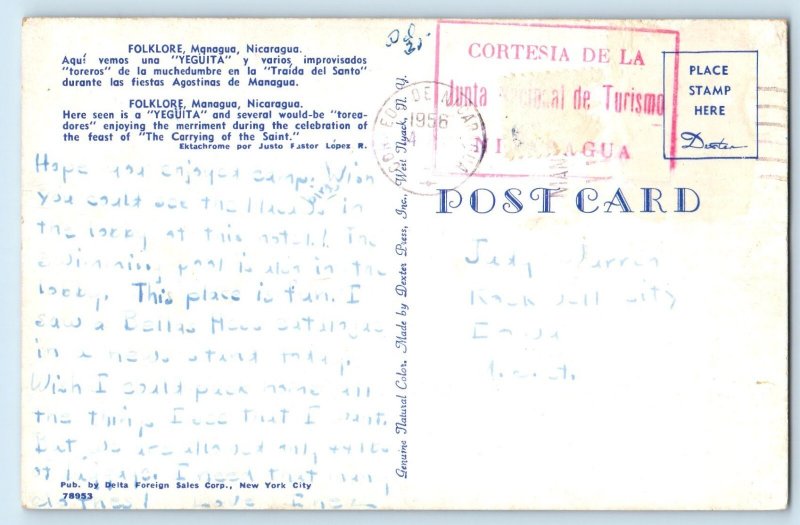 Managua Nicaragua Postcard Folklore Yeguita Toreadores 1956 Vintage Posted