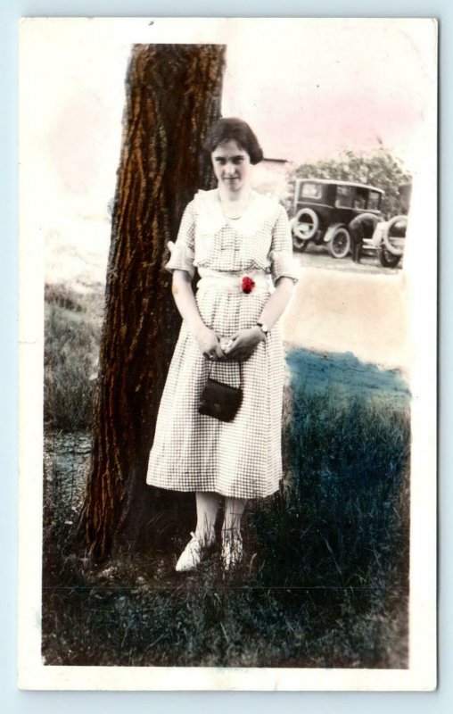 TINTED RPPC ~ Mystery AMERICANA Scene- Young WOMAN Posing c1920s CARS Postcard