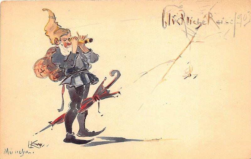 Artist Signed L Kiner? Munich Germany Umbrella ORIGINAL ART 1903 Postcard