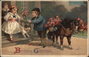 Birthday Boy on Pony Brings Plant to Little Girl c1910 Vintage Postcard