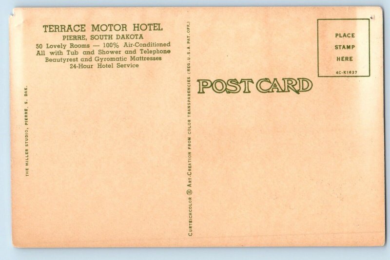 Pierre South Dakota Postcard Terrace Motor Hotel Exterior Building c1960 Vintage