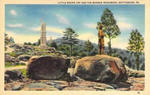 Civil War, Linen Era, Little Round Top, Warren Mon., Gettysburg, Pa,Old Postcard