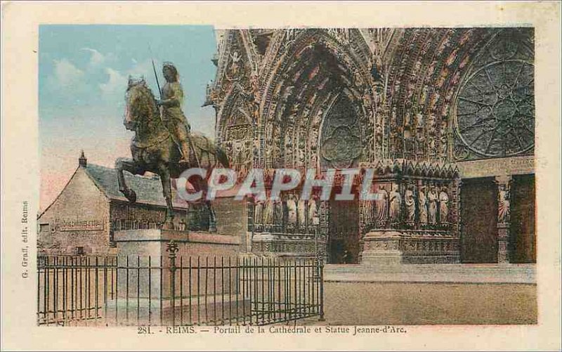 Old Postcard Reims Cathedral portal and Joan of Arc Statue